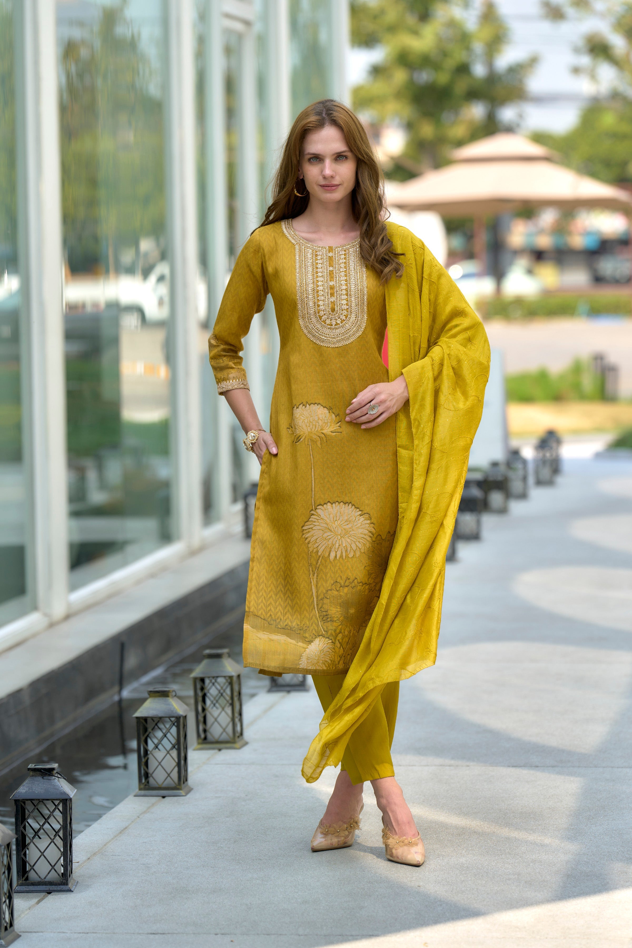 Mustard Yellow Floral Tissue Kurti Set with 3/4 Sleeves and Viscose Dupatta with Pocket Pant